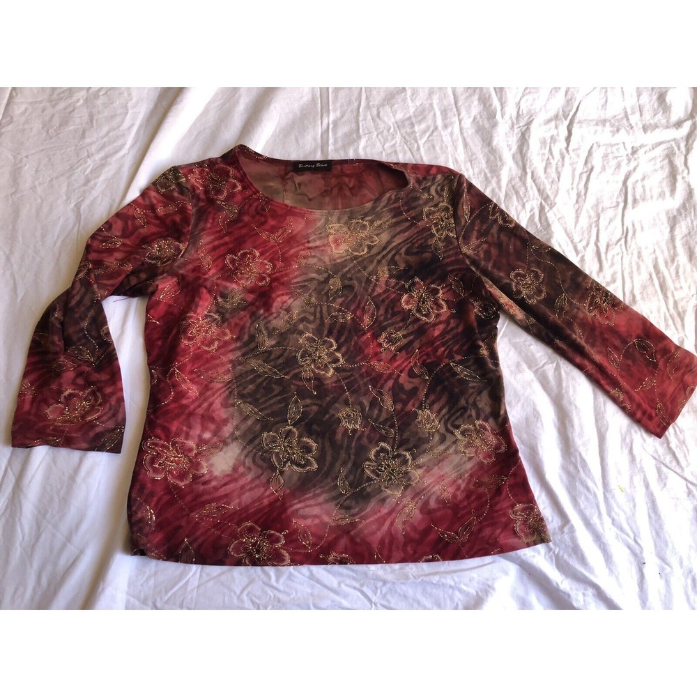 Brittany Black Y2K Embellished Red Gold Floral Blouse Size M